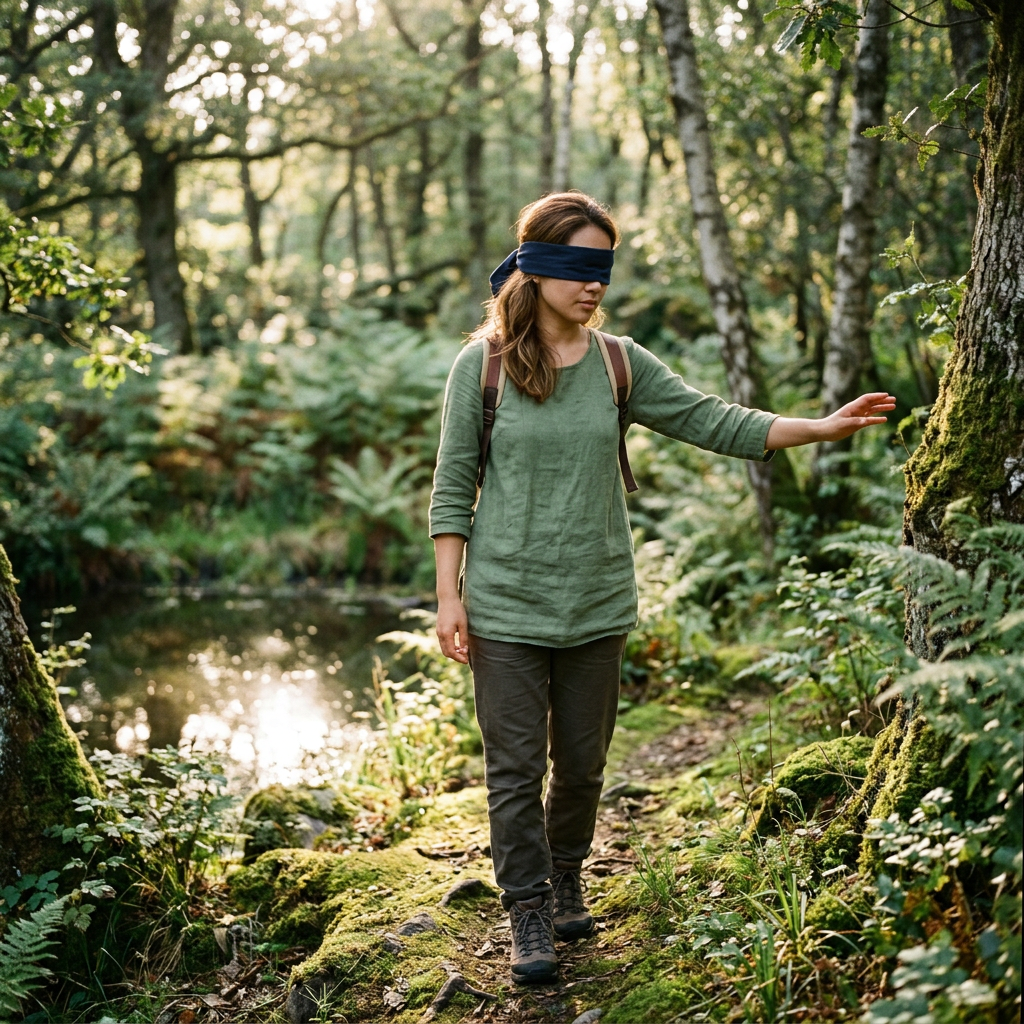 Woman wearing a blindfold, walking through a forest trail with hand reaching out to touch a tree