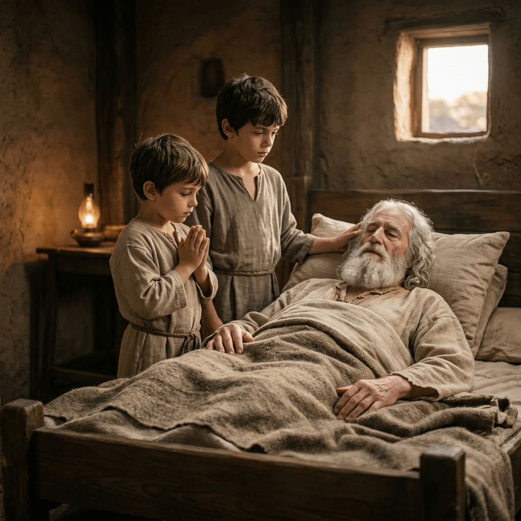 An elderly man with white hair and beard placing hands on two boys praying on a bed