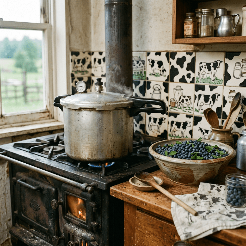 Steaming pressure cooker on vintage stove next to bowl of blueberries in rustic kitchen