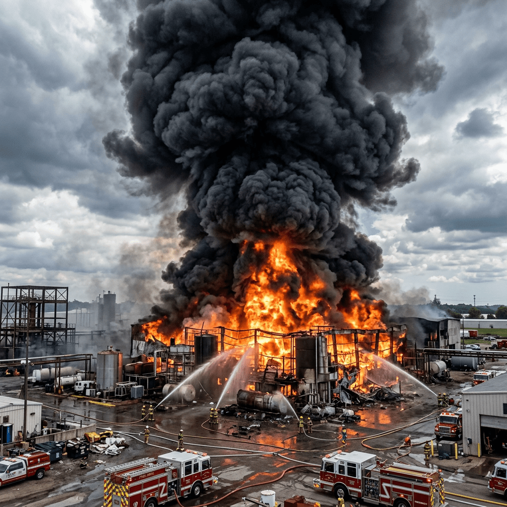 Large industrial building engulfed in flames with dark smoke and firefighters spraying water