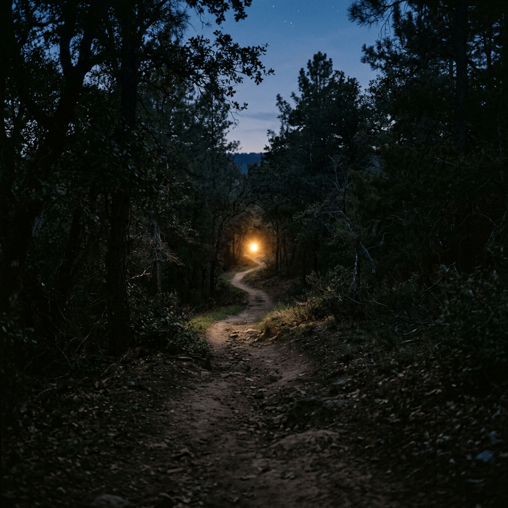 Winding forest path under evening sky with glowing light ahead