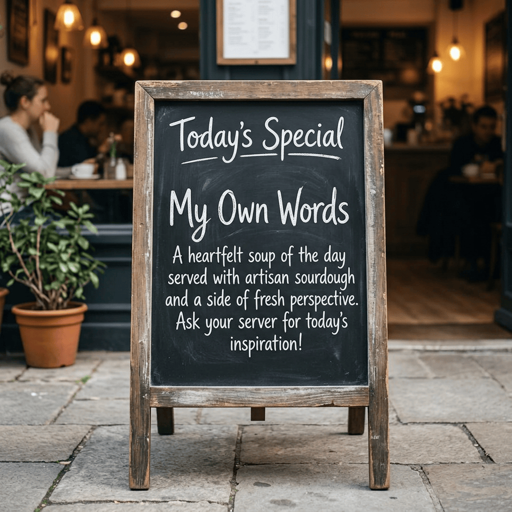 Café chalkboard reading “Today’s Special: My Own Words” with soup description