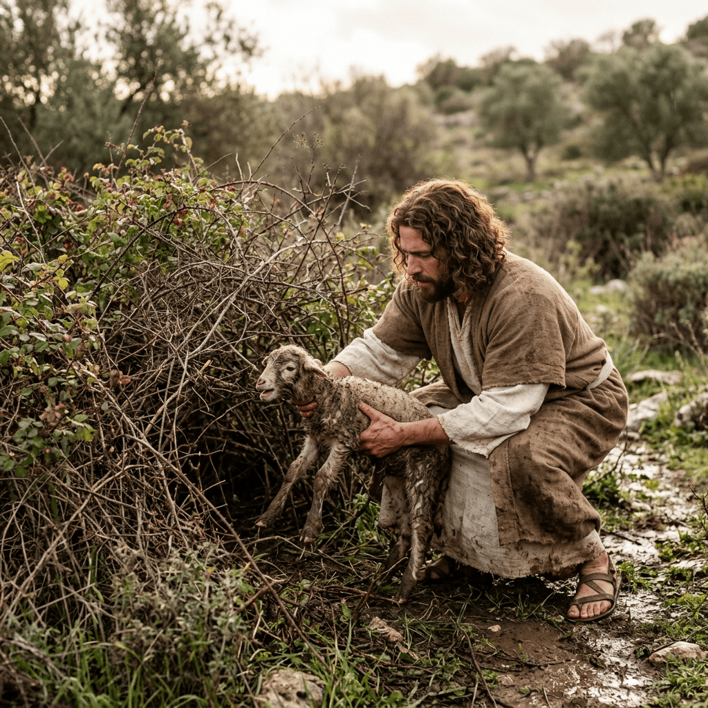 Bearded shepherd kneeling while lifting a lamb beside thorny brush