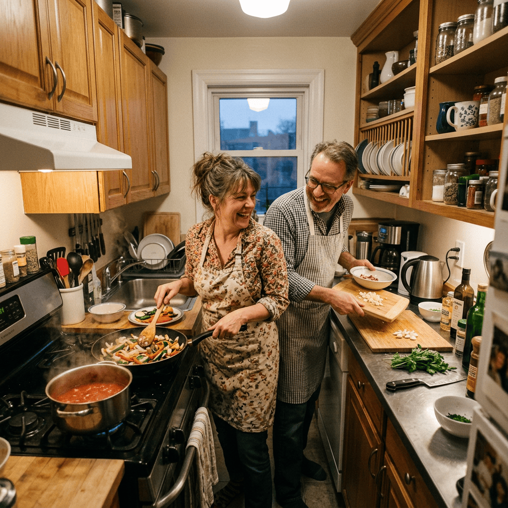 Couple cooking together in a home kitchen with vegetables and sauce