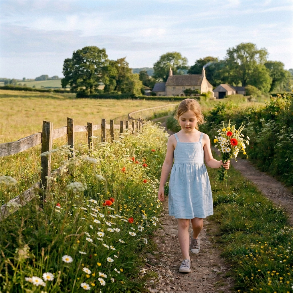 Flower-lined country path winding through fields toward a farmhouse